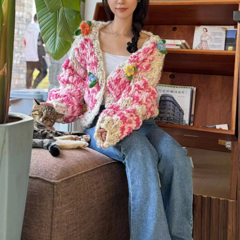 Women Multi Color Floral Handmade Warm Chunky Knit Cardigan Thick Loose Sweater