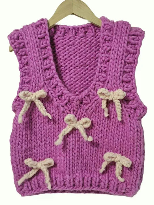 Women Handmade Purple Sweater Vest with Bow Sweater  Chunky Knitwear Sweet Warm Top