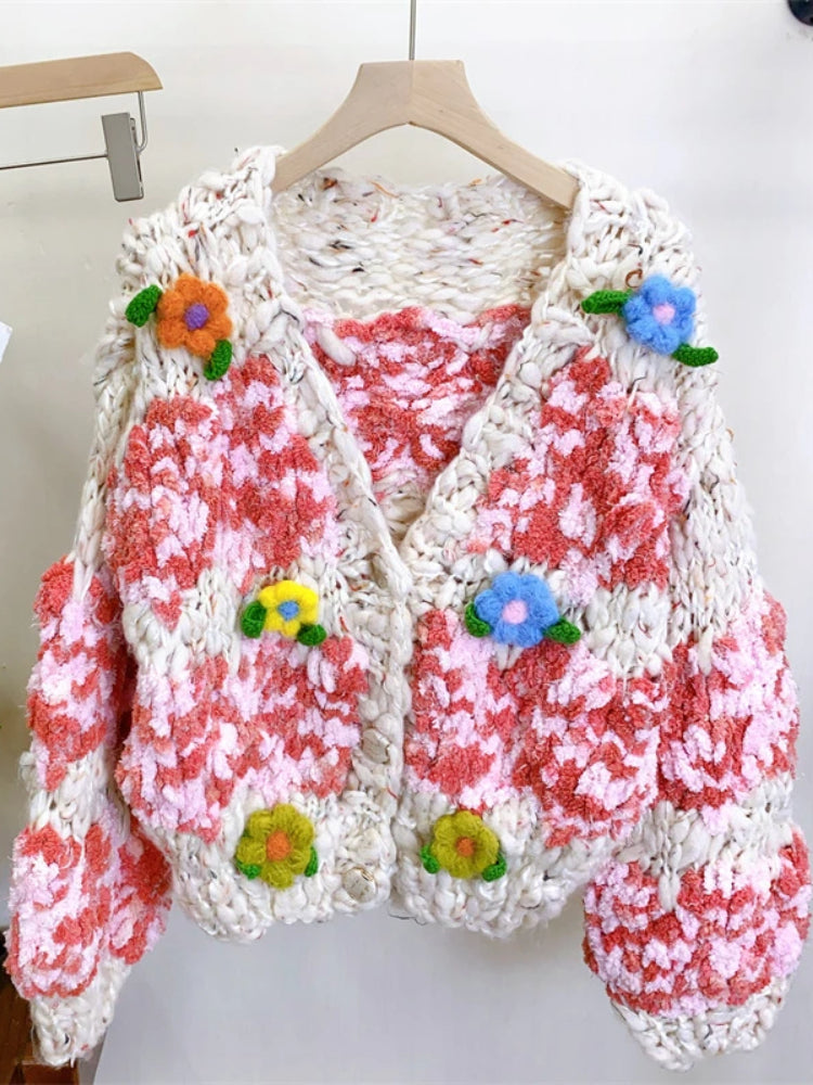 Women Multi Color Floral Handmade Warm Chunky Knit Cardigan Thick Loose Sweater