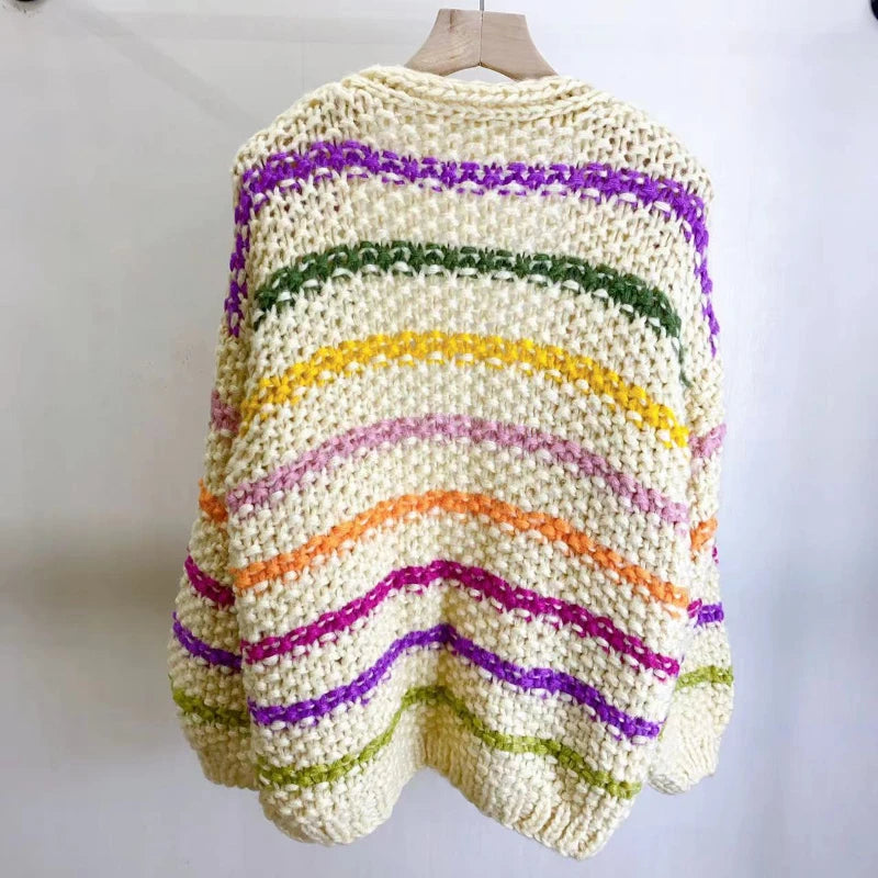 Kalamet Autumn/Winter New in Women Chunky Mohair Cardigan V-neck Rainbow Color Handmade Knit Striped Sweater Bohemian Style