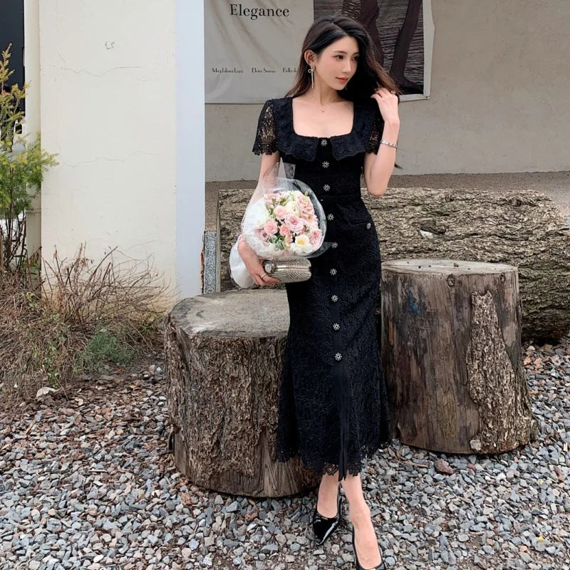 JIAMI High Quality Blue Lace Elegant Midi Dress