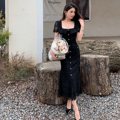 JIAMI High Quality Blue Lace Elegant Midi Dress