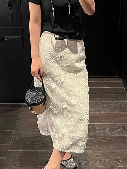 JIAMI Hollow Out White Lace High Waist Skirts