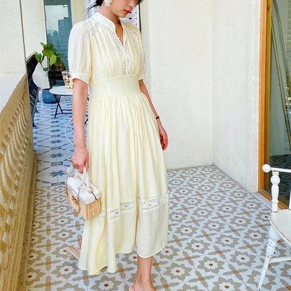 JIAMI Puff-sleeve V-neck Lace Trim White Maxi Dress