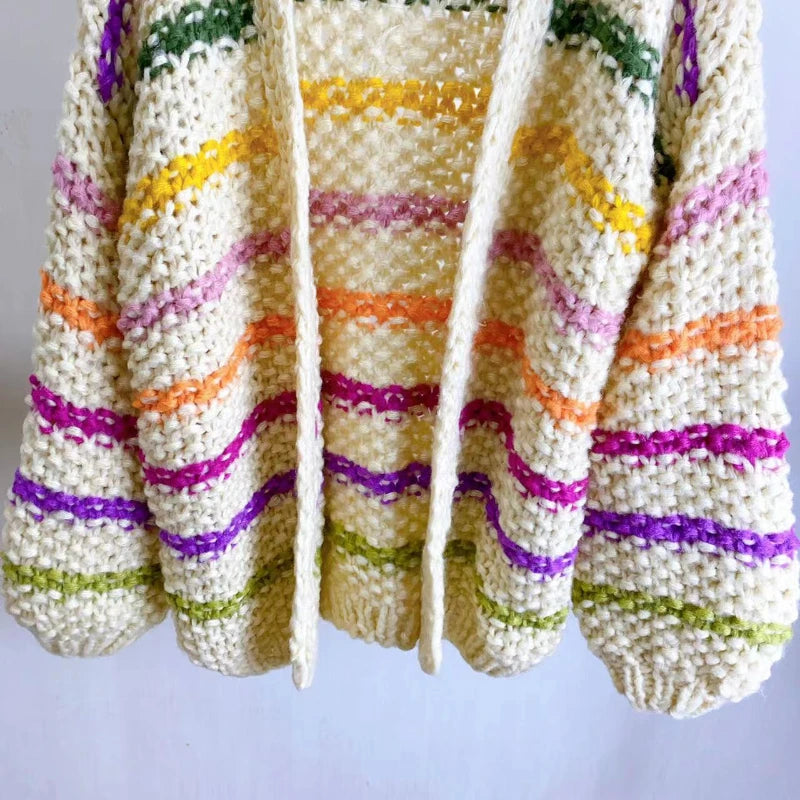 Kalamet Autumn/Winter New in Women Chunky Mohair Cardigan V-neck Rainbow Color Handmade Knit Striped Sweater Bohemian Style