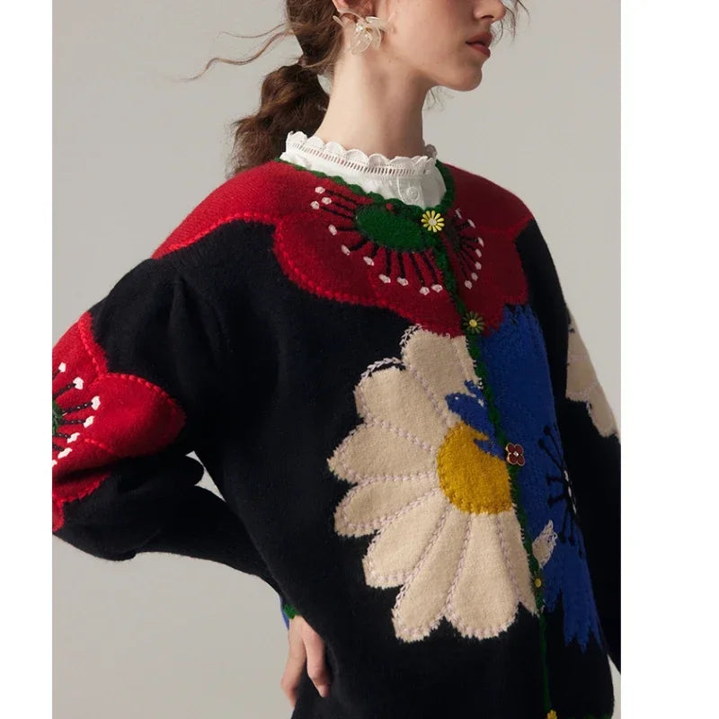 Vintage Flower Embroidery Knitted Top High Quality Women Fashion Card JIAMI