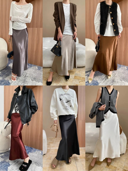 Thick Glossy Satin Midi Skirt Elegant Quiet Luxury Basic High-Waist Skirt or All Seasons