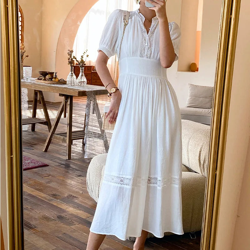 JIAMI Puff-sleeve V-neck Lace Trim White Maxi Dress