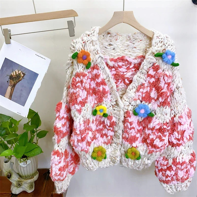Women Multi Color Floral Handmade Warm Chunky Knit Cardigan Thick Loose Sweater
