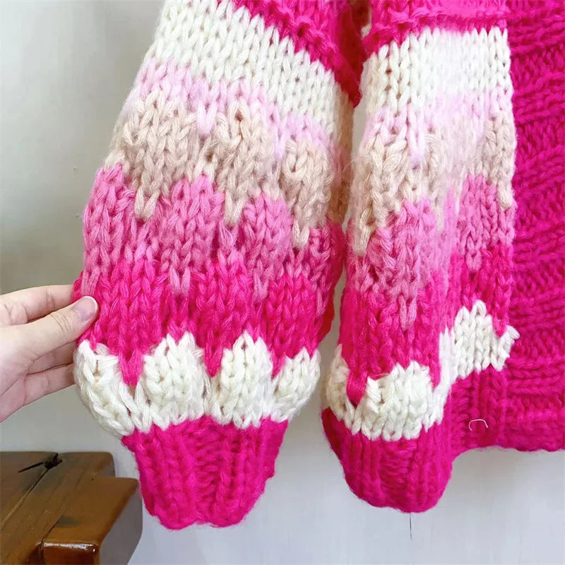 Women Colorful Bohemian Chunky Knit Mohair Sweater Handmade Bulky Cardigan Warm Autumn Winter Woman Clothing