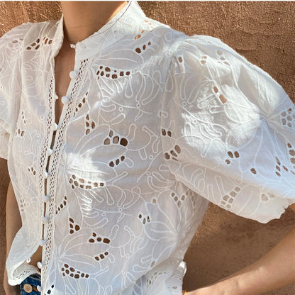 JIAMI Bohemian White Embroidered Hollow Out Cotton Shirt