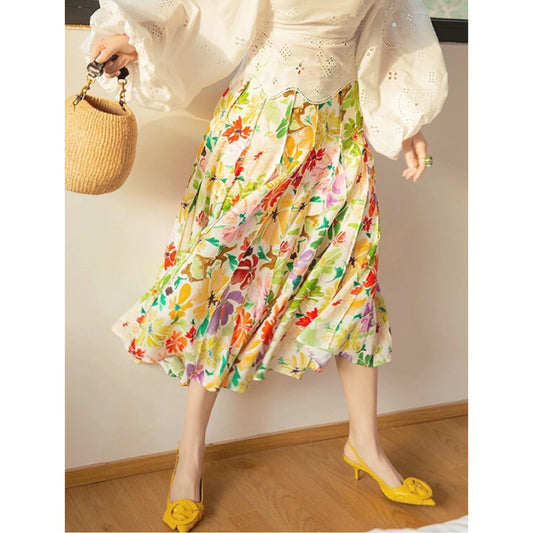 JIAMI Women Floral Print High Waist Pleated A-line Slim Fit Midi Skirt