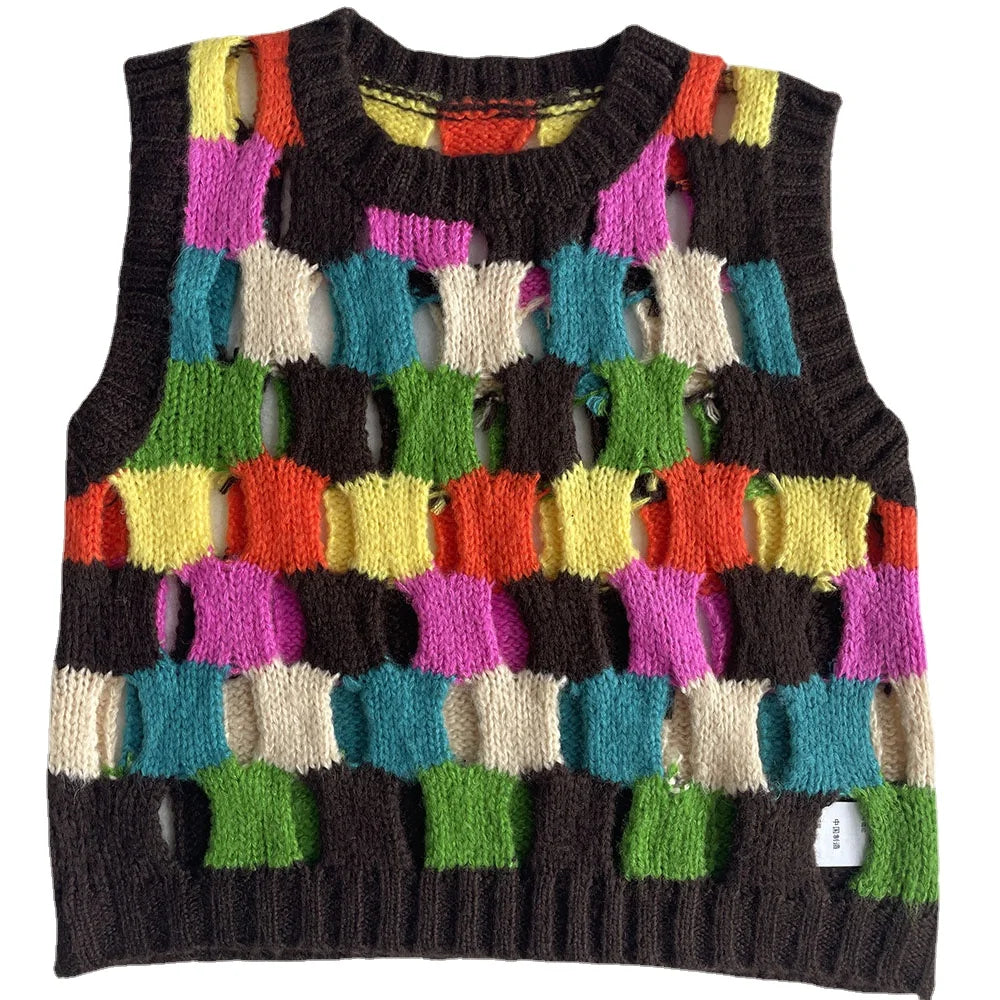 JIAMI Women Wool Blend Hollow-out Handmade Colorful Sweater Vest