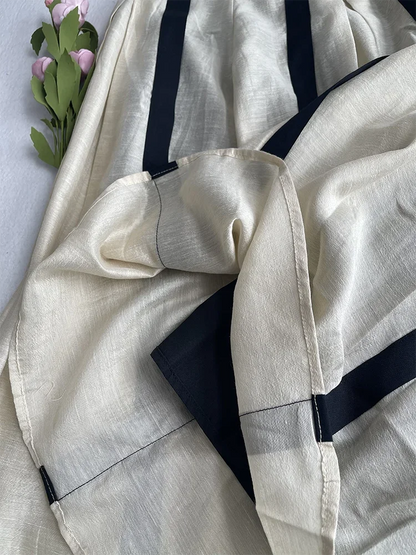 JIAMI A-LINE Pleated Striped Linen Blended Skirt