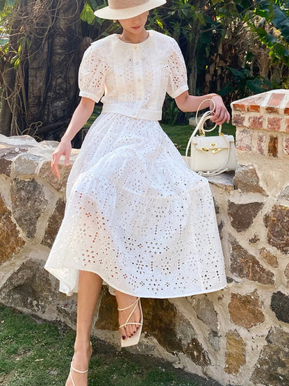 JIAMI Vintage Elegant Embroidered Hollow Out Skirt Set