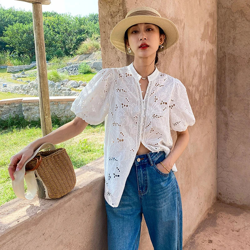 JIAMI Bohemian White Embroidered Hollow Out Cotton Shirt