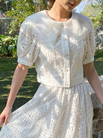 JIAMI Vintage Elegant Embroidered Hollow Out Skirt Set