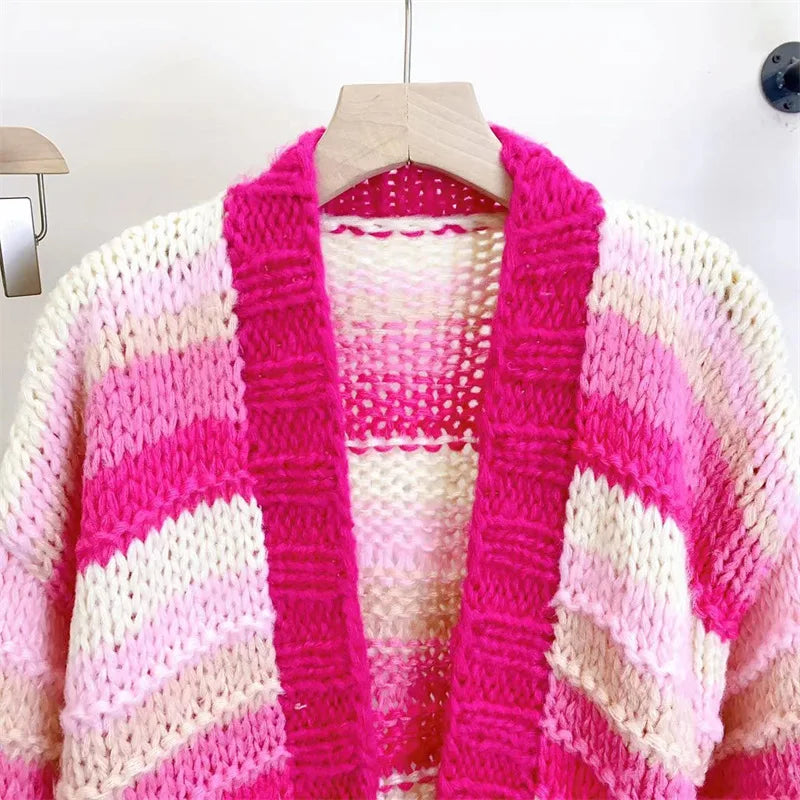 Women Colorful Bohemian Chunky Knit Mohair Sweater Handmade Bulky Cardigan Warm Autumn Winter Woman Clothing