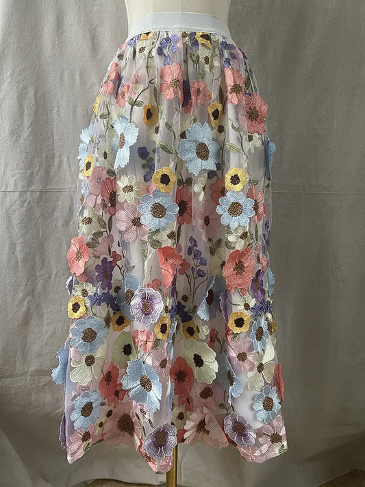 JIAMI 3D Floral Multi-Color Long Vintage Skirt