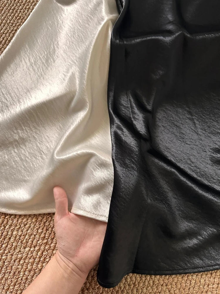 Thick Glossy Satin Midi Skirt Elegant Quiet Luxury Basic High-Waist Skirt or All Seasons