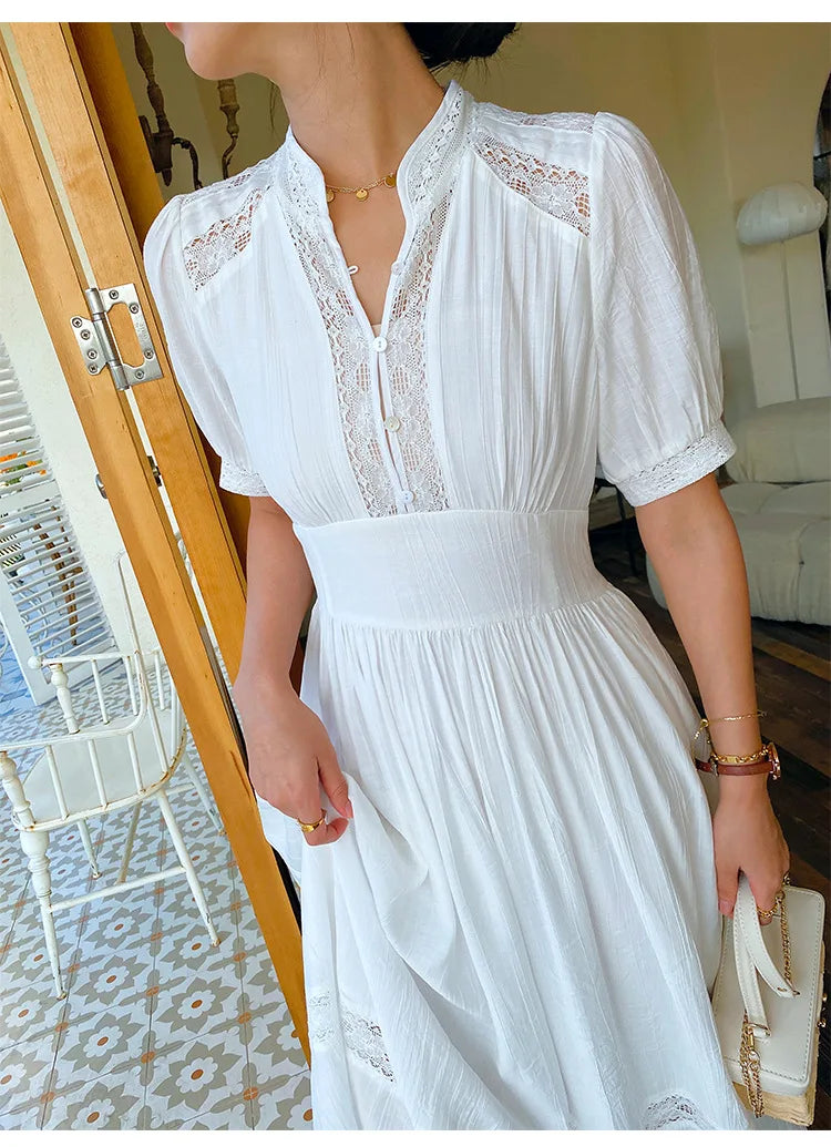JIAMI Puff-sleeve V-neck Lace Trim White Maxi Dress