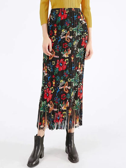 JIAMI Floral Print Women Tassel Elastic Waist High Stretch Midi Skirt