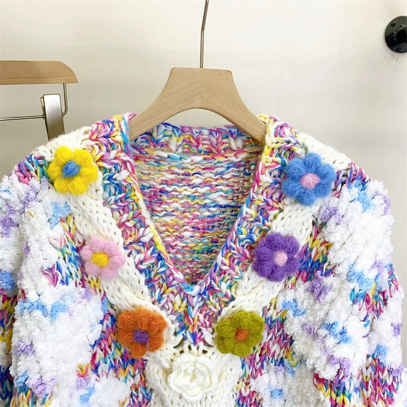 Women Colorful Floral Handknit Warm V-neck Chunky Sweater 2023 Autumn Winter New In Knit Top