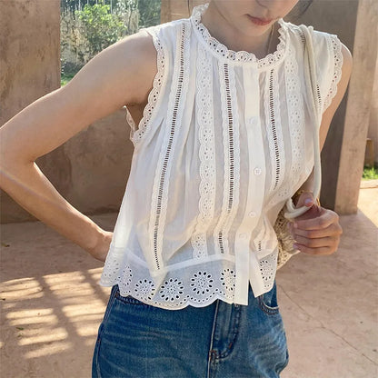 Embroidery Vacation Dress Set French Style Hollow Out Lace Top A-Line Long Skirt