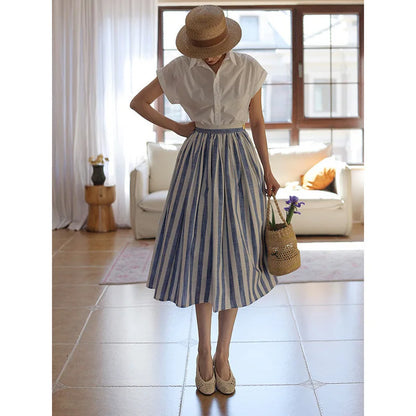 JIAMI Women High Rise Blue Striped Vintage Midi Skirt