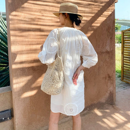 JIAMI White Embroidered Bohemian Vacation Dress