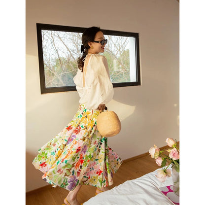 JIAMI Women Floral Print High Waist Pleated A-line Slim Fit Midi Skirt