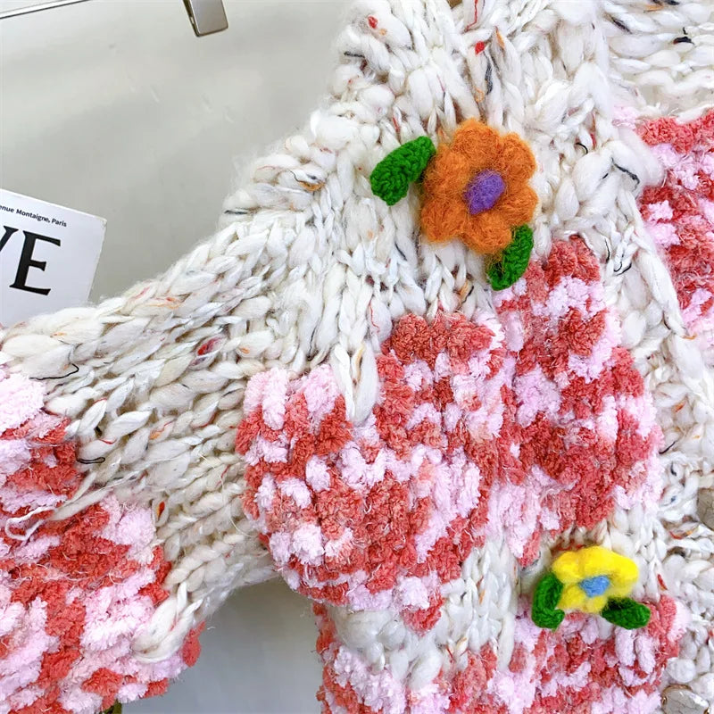 Women Multi Color Floral Handmade Warm Chunky Knit Cardigan Thick Loose Sweater