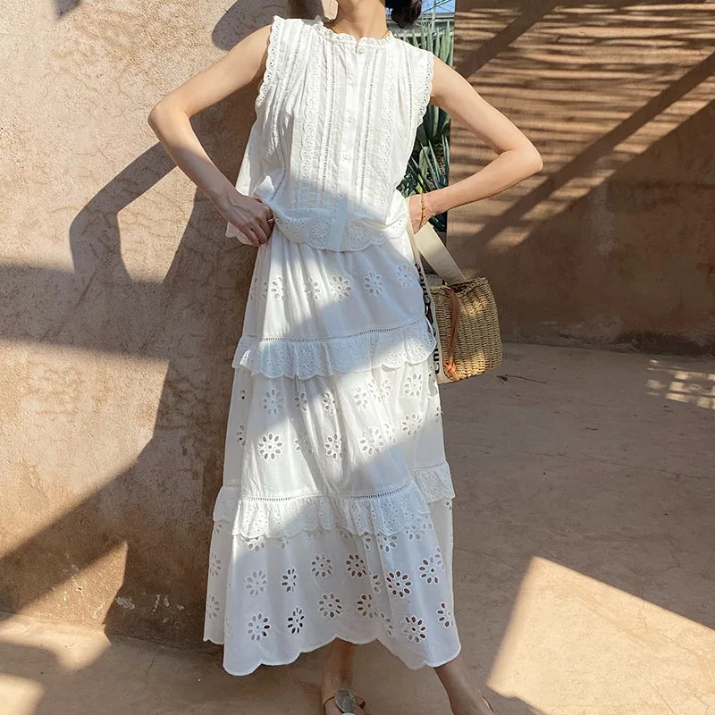 Embroidery Vacation Dress Set French Style Hollow Out Lace Top A-Line Long Skirt