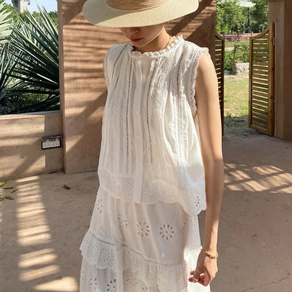 Embroidery Vacation Dress Set French Style Hollow Out Lace Top A-Line Long Skirt