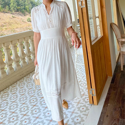 JIAMI Puff-sleeve V-neck Lace Trim White Maxi Dress