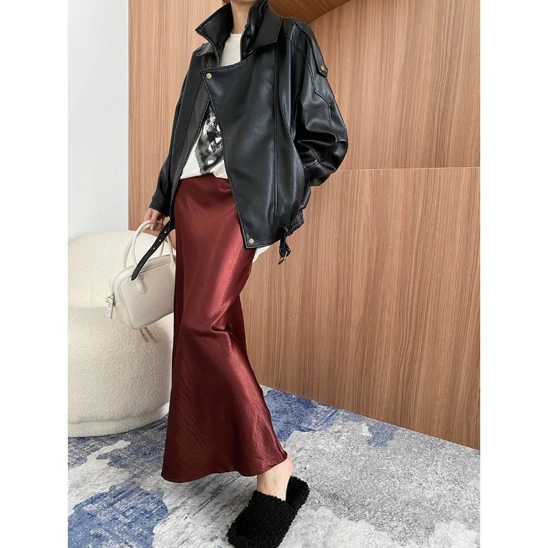 Thick Glossy Satin Midi Skirt Elegant Quiet Luxury Basic High-Waist Skirt or All Seasons