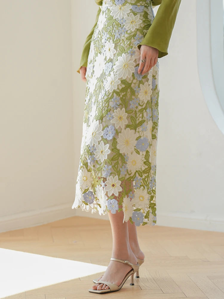 JIAMI Floral-Embroidered Hollow Out Lace Green Skirt