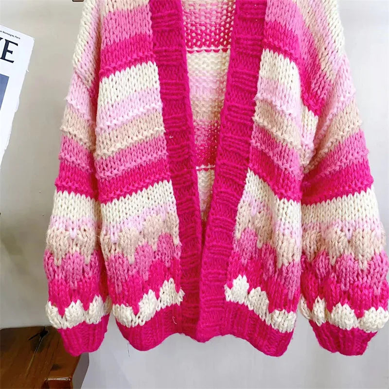 Women Colorful Bohemian Chunky Knit Mohair Sweater Handmade Bulky Cardigan Warm Autumn Winter Woman Clothing