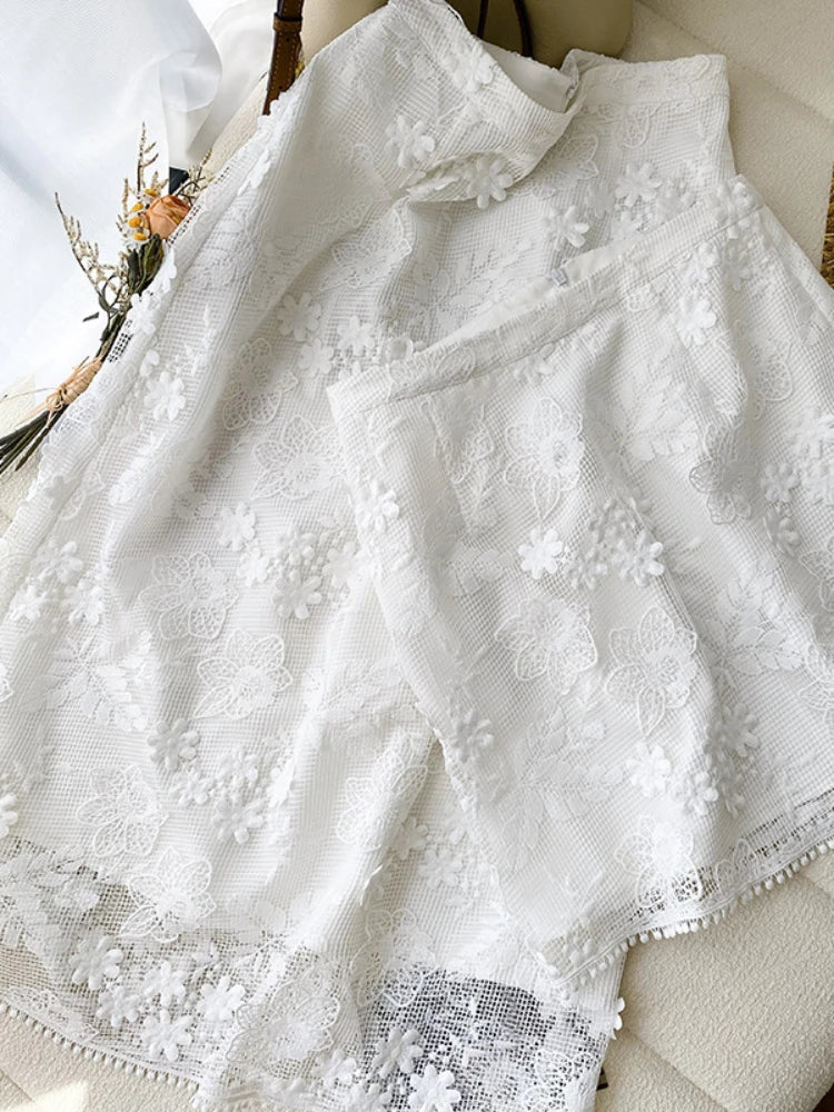JIAMI Hollow Out White Lace High Waist Skirts