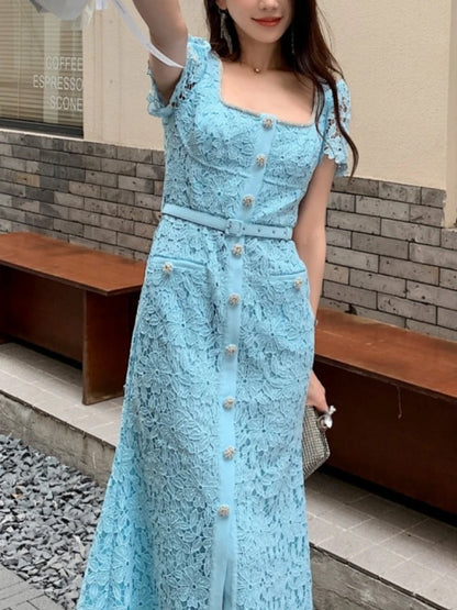 JIAMI High Quality Blue Lace Elegant Midi Dress