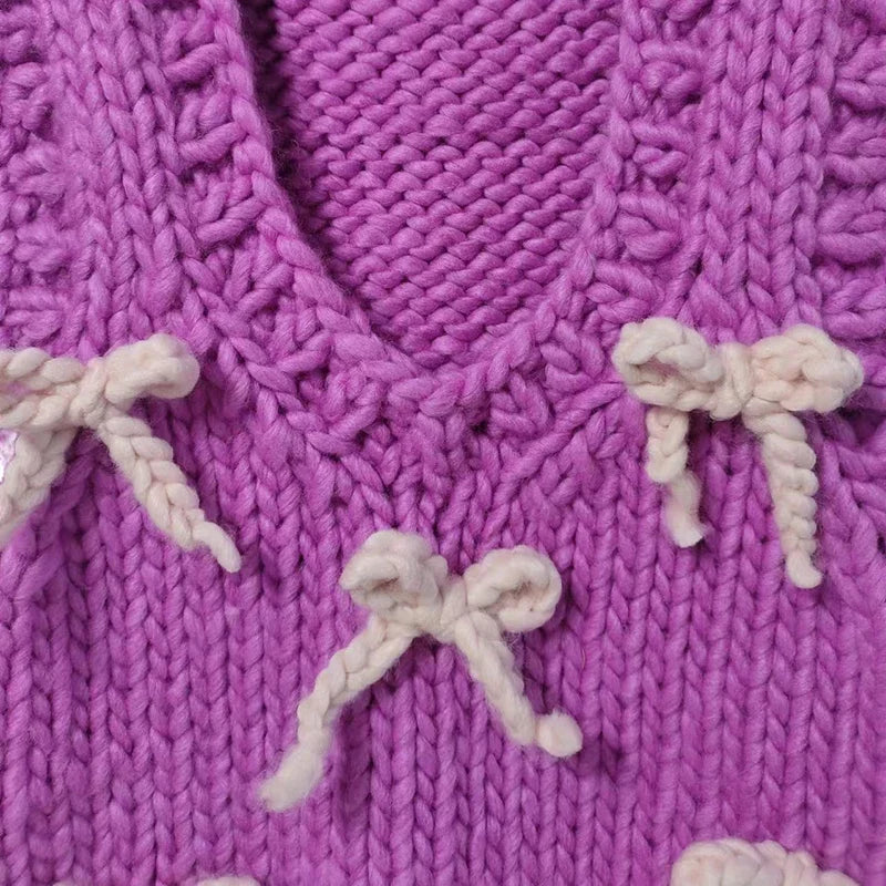 Women Handmade Purple Sweater Vest with Bow Sweater  Chunky Knitwear Sweet Warm Top