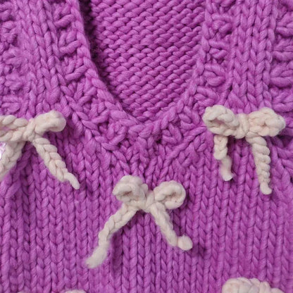 Women Handmade Purple Sweater Vest with Bow Sweater  Chunky Knitwear Sweet Warm Top