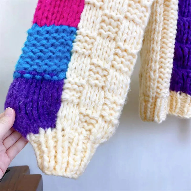 Kalamet Women Colorful Chunky Knit Sweater Handmade Bulky Cardigan