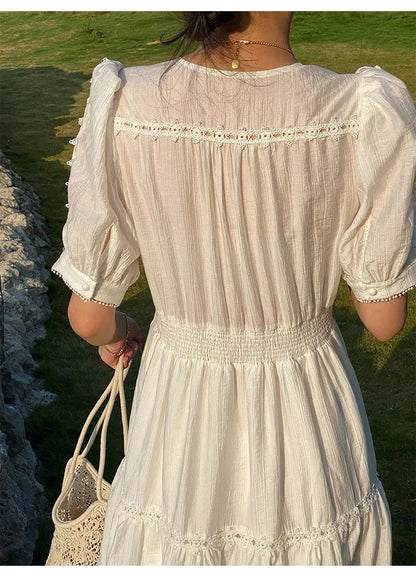 JIAMI White Tiered Lace V-neck Midi Dress