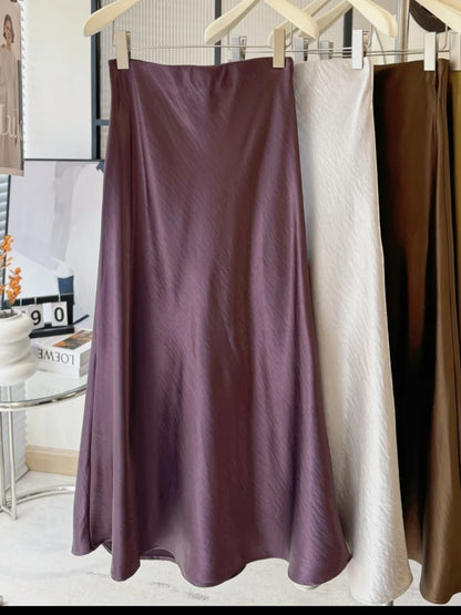 Thick Glossy Satin Midi Skirt Elegant Quiet Luxury Basic High-Waist Skirt or All Seasons