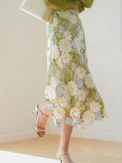 JIAMI Floral-Embroidered Hollow Out Lace Green Skirt