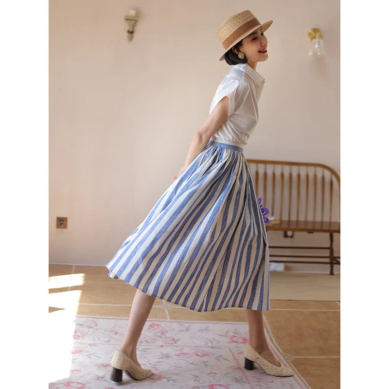 JIAMI Women High Rise Blue Striped Vintage Midi Skirt