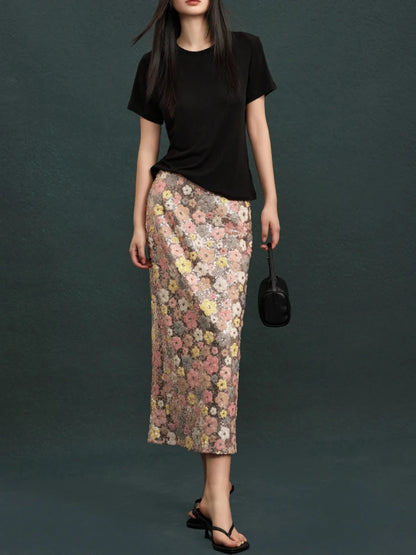 JIAMI Sequin Flower Midi Skirt