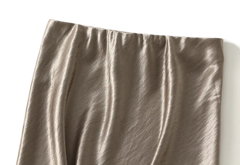Thick Glossy Satin Midi Skirt Elegant Quiet Luxury Basic High-Waist Skirt or All Seasons