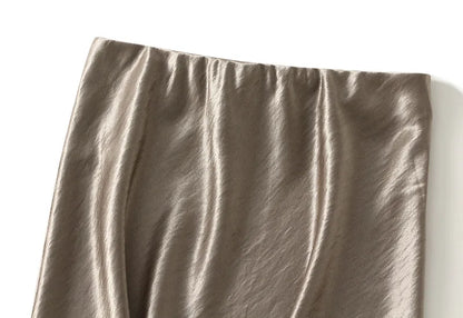 Thick Glossy Satin Midi Skirt Elegant Quiet Luxury Basic High-Waist Skirt or All Seasons